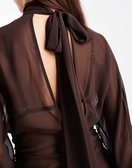 ASOS DESIGN batwing high neck blouse in chocolate