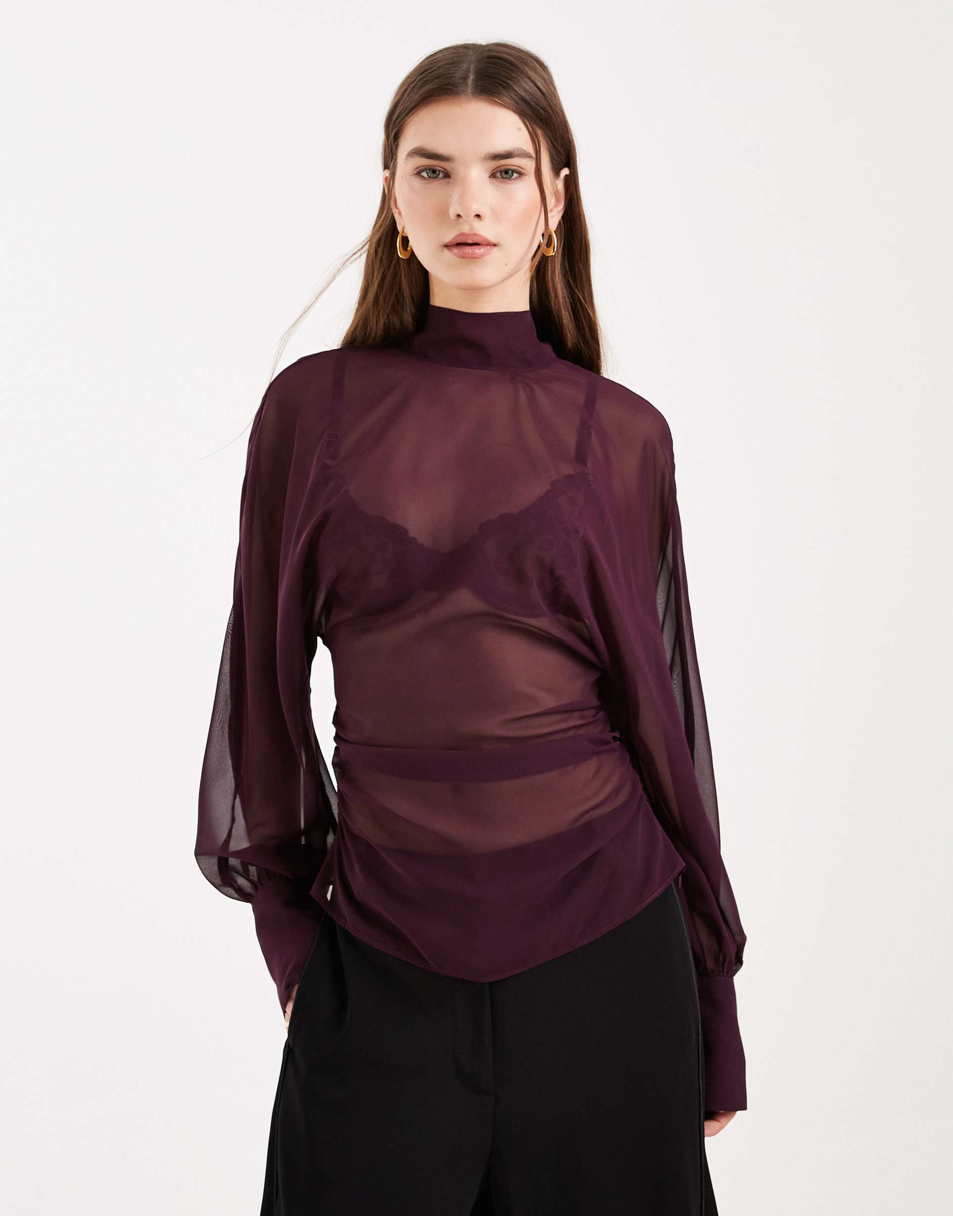 asos design batwing high neck blouse in ecru
