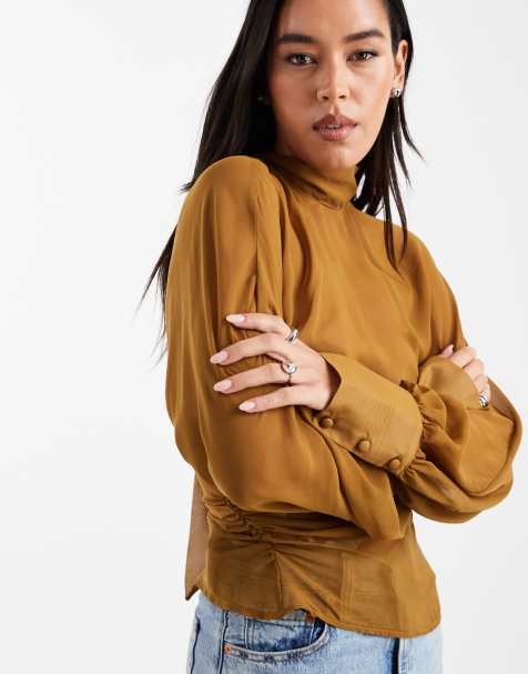 ASOS DESIGN batwing high neck blouse in ochre - view 1