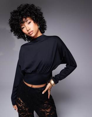 Asos Design Batwing High Neck Waist Top In Black