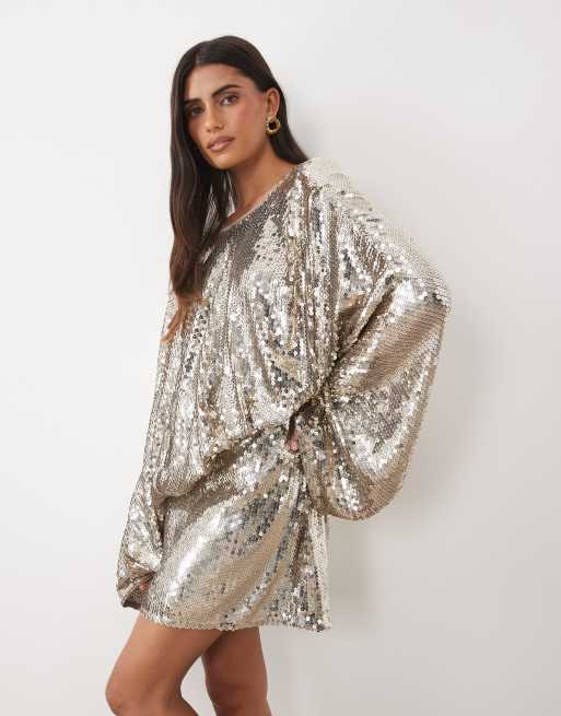 ASOS DESIGN batwing inspired mini dress with draped front bodice and tassel details in sequin in silver, 2 of 4