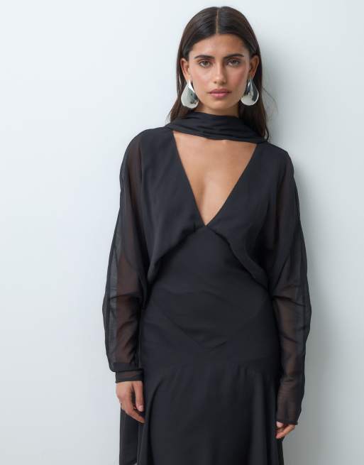 ASOS DESIGN batwing maxi dress with asymmetric full skirt and scarf in black, 2 of 5