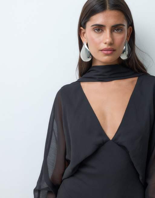ASOS DESIGN batwing maxi dress with asymmetric full skirt and scarf in black, 3 of 5