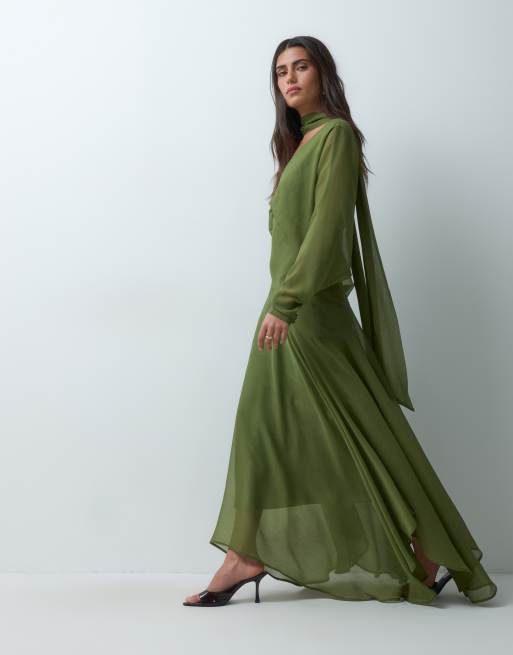 ASOS DESIGN batwing maxi dress with asymmetric full skirt and scarf in olive green, 2 of 5