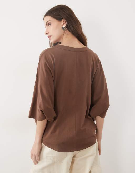 ASOS DESIGN batwing mid sleeve t-shirt in brown, 4 of 4