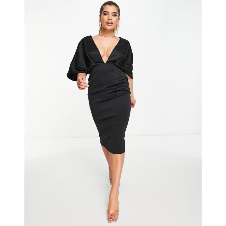 asos design batwing embellished pencil midi dress in stone ASOS DESIGN batwing midi pencil dress in black