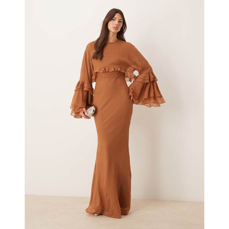 ASOS DESIGN batwing overlay bias maxi dress with ruffles in brown | ASOS