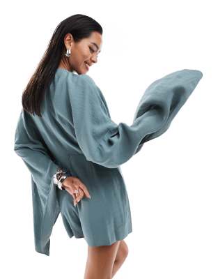 ASOS DESIGN batwing overlay romper in dusky blue 