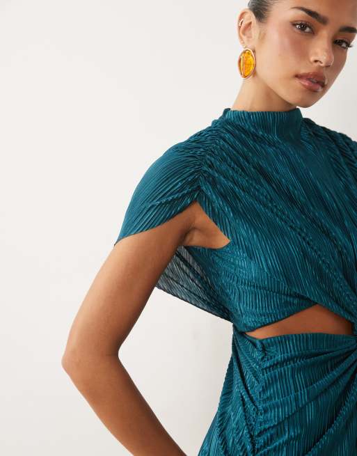 ASOS DESIGN batwing plait ruched waist plisse dress in blue teal, 2 of 4