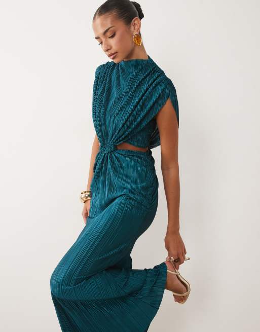 ASOS DESIGN batwing plait ruched waist plisse dress in blue teal, 3 of 4