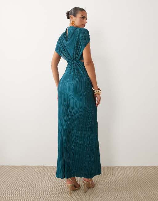 ASOS DESIGN batwing plait ruched waist plisse dress in blue teal, 4 of 4