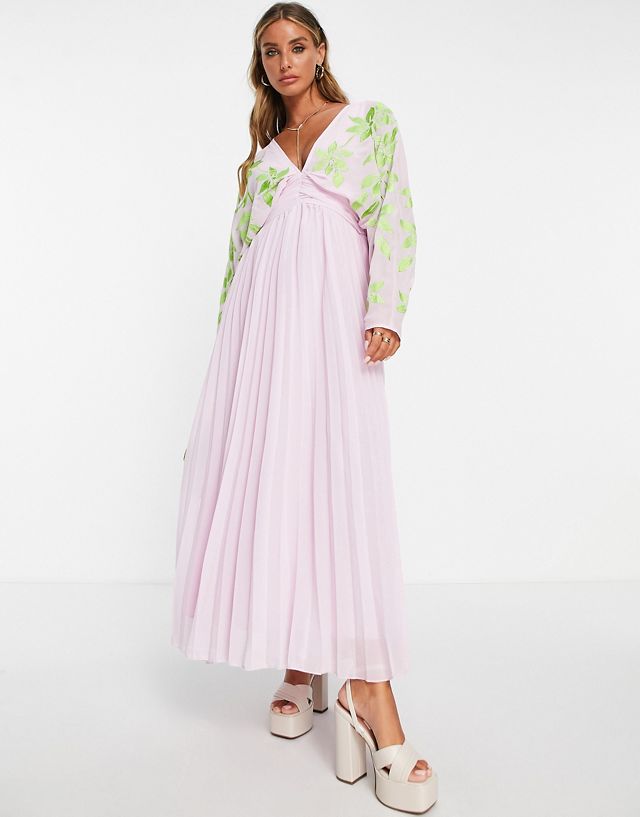 ASOS DESIGN batwing pleated maxi dress in lilac with green embroidery