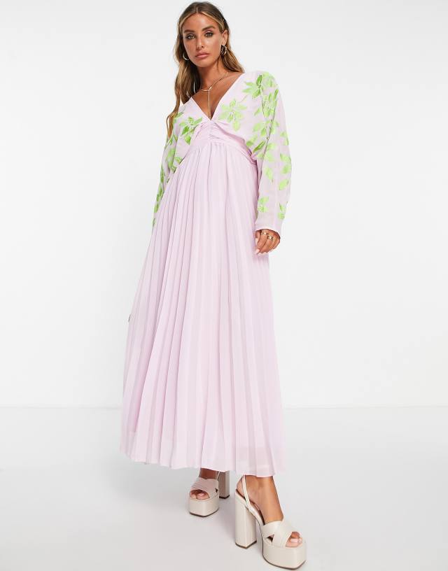 ASOS DESIGN batwing pleated maxi dress in lilac with green embroidery