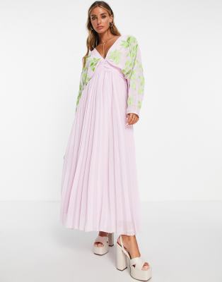 Asos Design Batwing Pleated Maxi Dress With In Lilac With Green  Embroidery-multi | ModeSens
