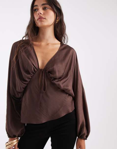 ASOS DESIGN batwing plunge blouse in satin in chocolate - view 1