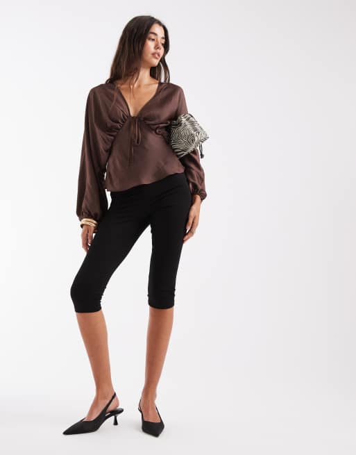 ASOS DESIGN batwing plunge blouse in satin in chocolate, 2 of 4
