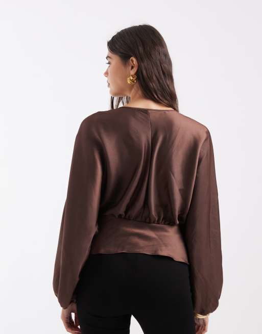ASOS DESIGN batwing plunge blouse in satin in chocolate, 4 of 4