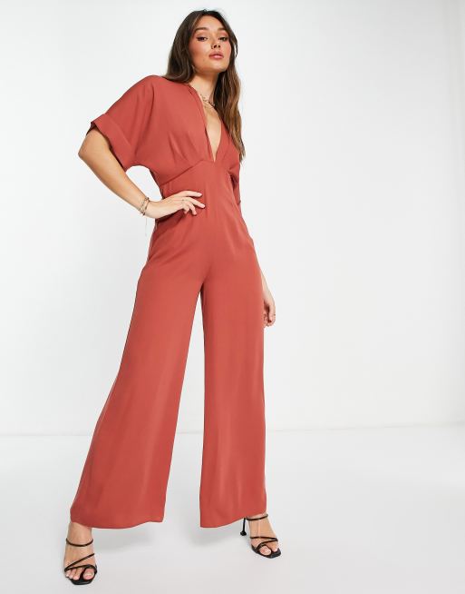 Rust Silky Plunge Eyelash Lace Jumpsuit