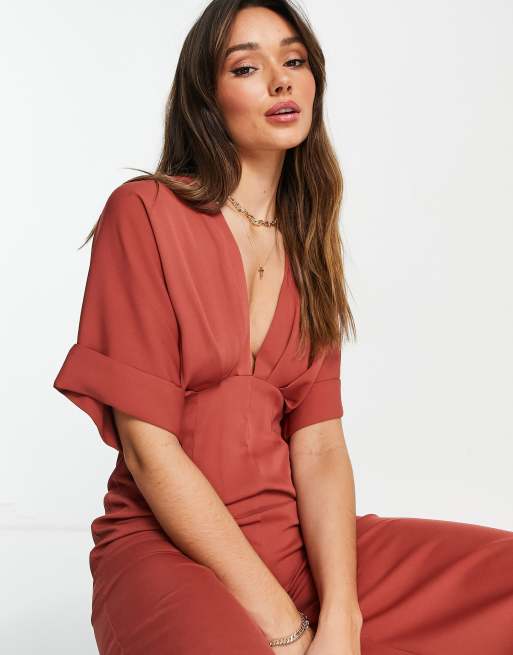 Rust Rib Twist Detail Plunge Flared Jumpsuit