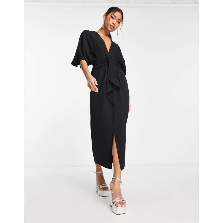 ASOS DESIGN batwing plunge neck tie front crepe midi dress in black