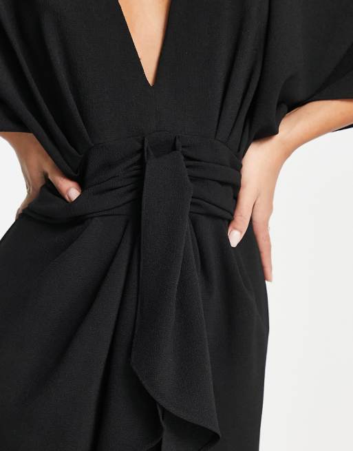 ASOS DESIGN batwing plunge neck tie front crepe midi dress in black , 3 of 4