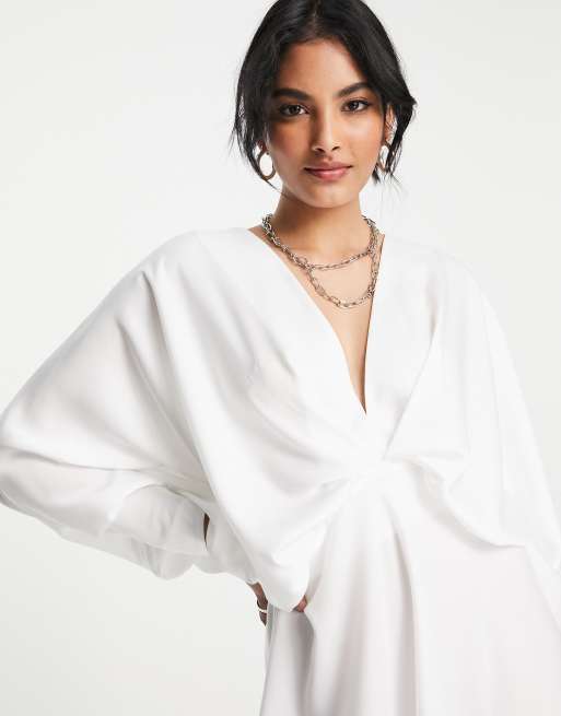 ASOS DESIGN batwing satin mini dress with bias cut skirt and tie back in ivory, 3 of 4