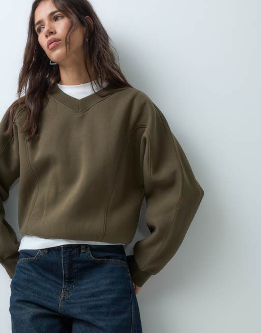 ASOS DESIGN batwing seam detail v neck jumper in khaki, 2 of 5