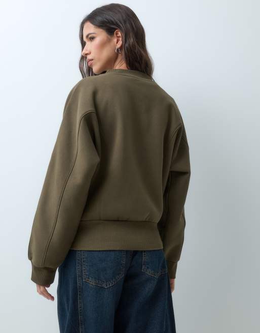 ASOS DESIGN batwing seam detail v neck jumper in khaki, 4 of 5