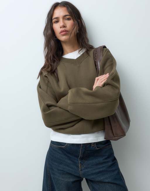 ASOS DESIGN batwing seam detail v neck jumper in khaki, 5 of 5
