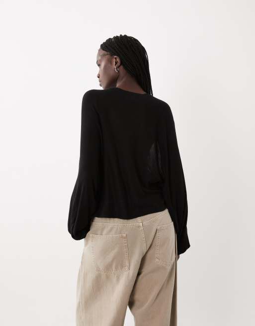 ASOS DESIGN batwing sheer waisted knit top in black, 4 of 4