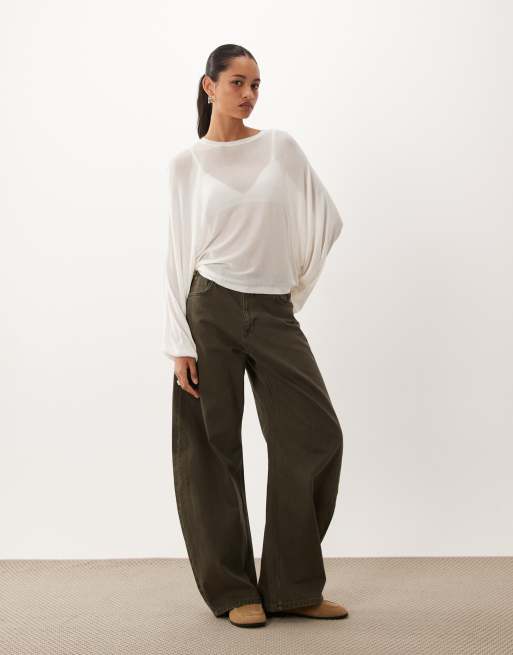 ASOS DESIGN batwing sheer waisted knit top in cream, 3 of 4