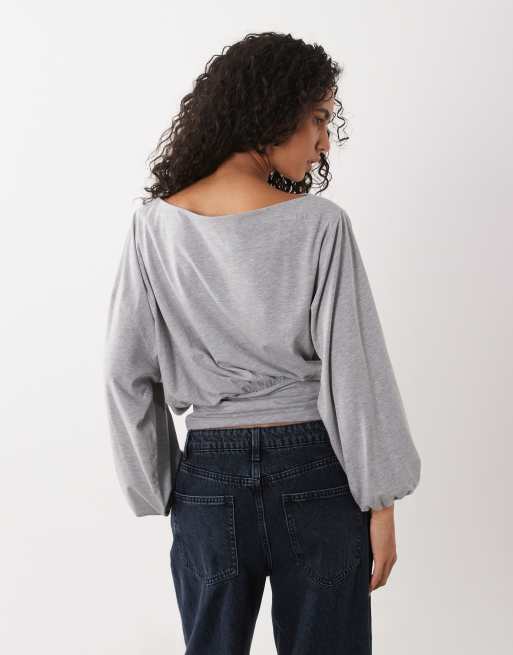 ASOS DESIGN batwing sleeve cinched in waist T-shirt in gray heather, 3 of 4