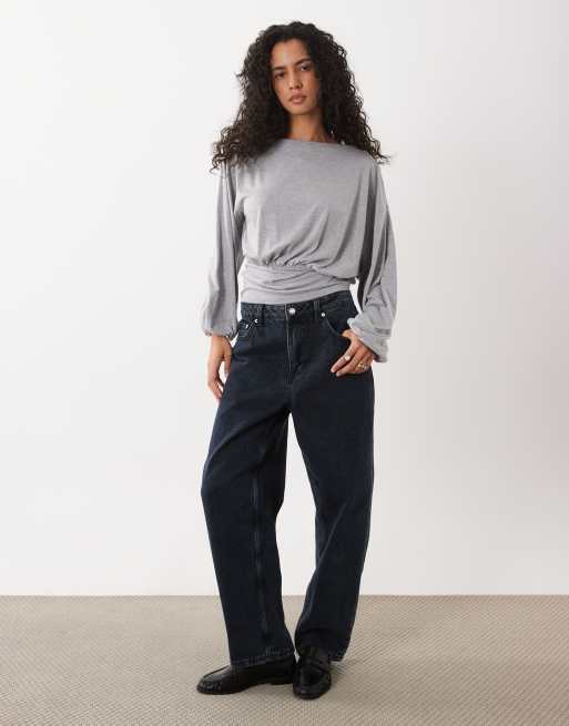 ASOS DESIGN batwing sleeve cinched in waist t-shirt in grey marl, 2 of 4