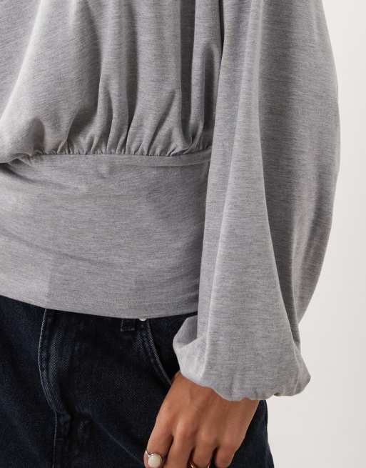 ASOS DESIGN batwing sleeve cinched in waist t-shirt in grey marl, 4 of 4