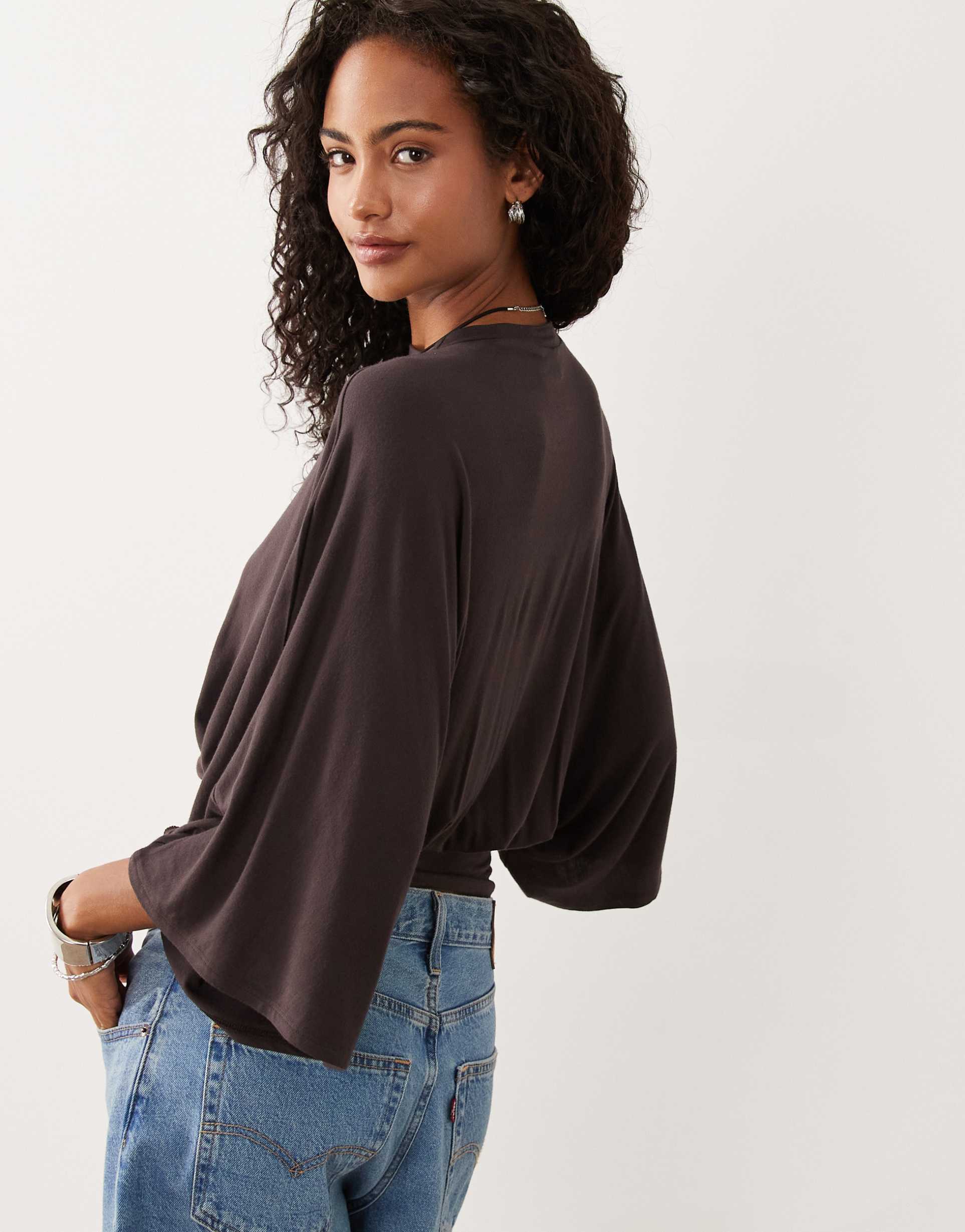 asos design batwing sleeve cinched waist top in chocolate
