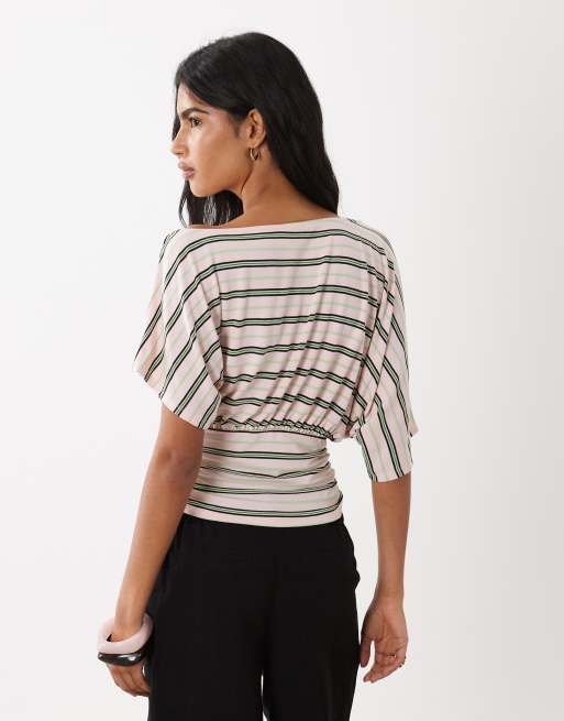 ASOS DESIGN batwing sleeve cinched waist top in pink and green stripe, 4 of 4