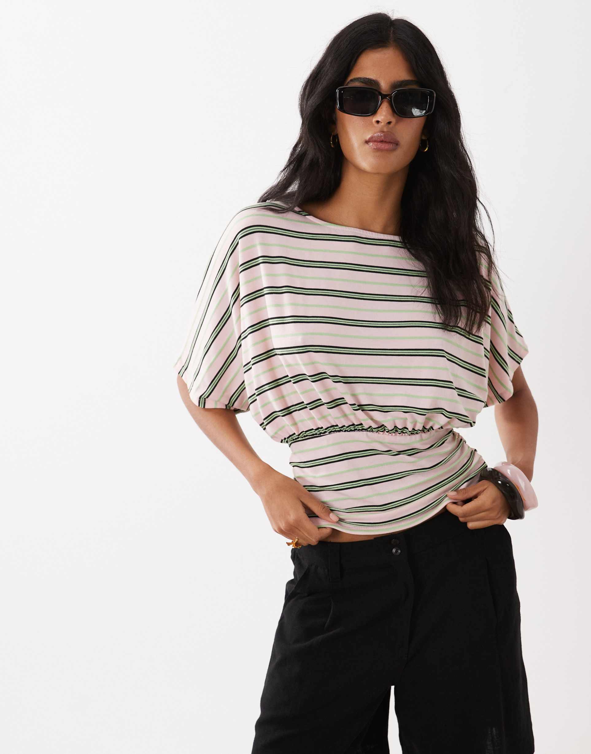 asos design batwing sleeve cinched waist top in pink and green stripes