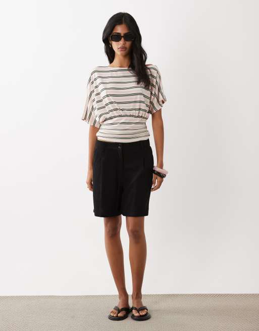 ASOS DESIGN batwing sleeve cinched waist top in pink and green stripes, 2 of 4