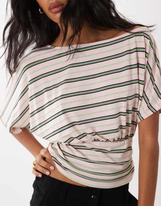 ASOS DESIGN batwing sleeve cinched waist top in pink and green stripes, 3 of 4