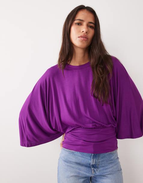 ASOS DESIGN batwing sleeve cinched waist top in plum - view 1