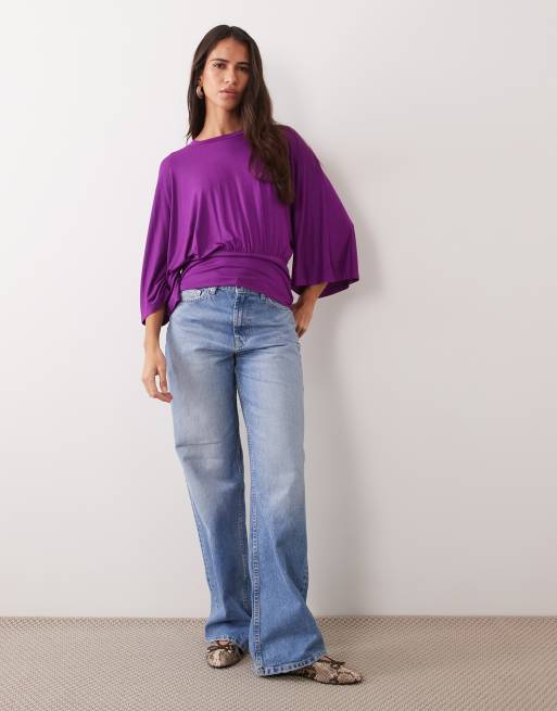 ASOS DESIGN batwing sleeve cinched waist top in purple, 2 of 4