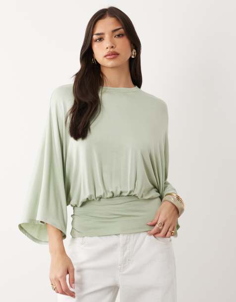 ASOS DESIGN batwing sleeve cinched waist top in sage - view 1