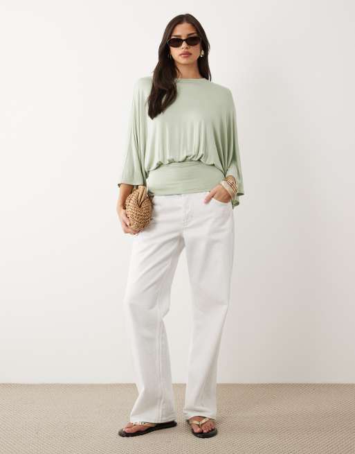 ASOS DESIGN batwing sleeve cinched waist top in sage, 3 of 4