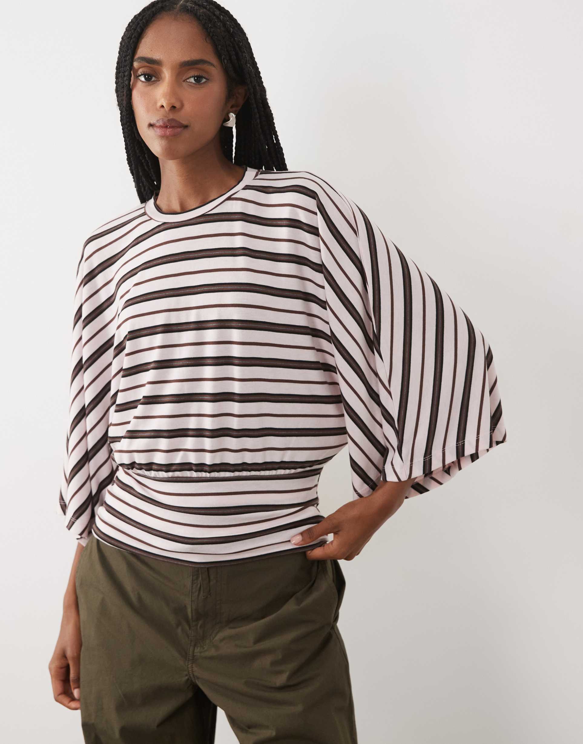asos design batwing sleeve cinched waist top in stripe