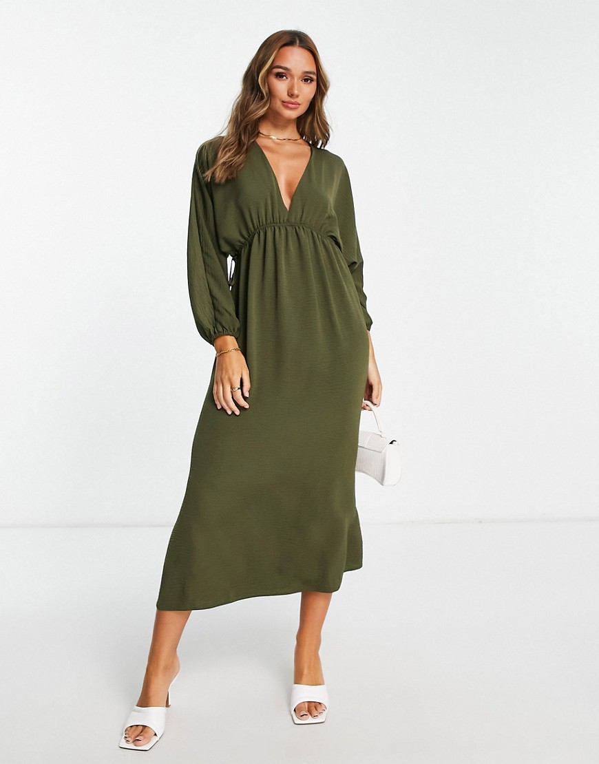 ASOS DESIGN batwing sleeve elastic waist maxi dress in khaki-Green