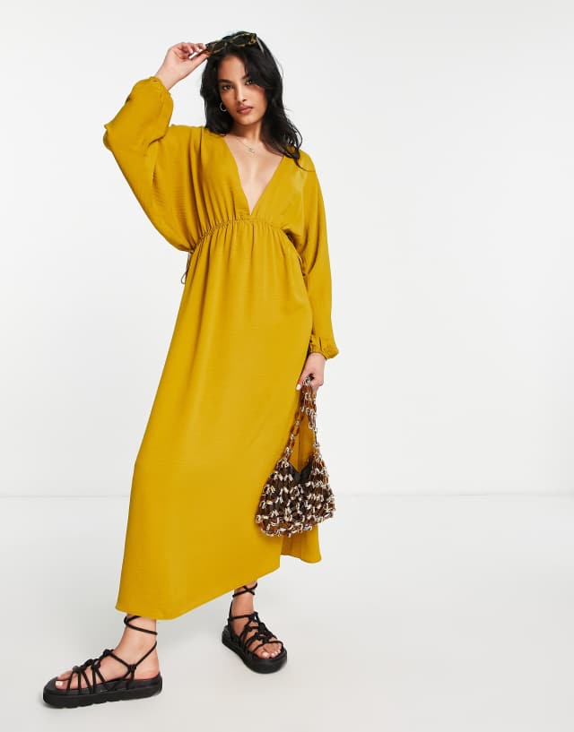 ASOS DESIGN batwing sleeve elastic waist maxi dress in ochre