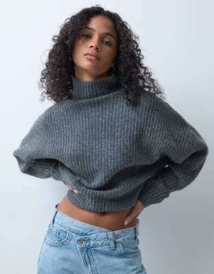 ASOS DESIGN batwing sleeve funnel neck sweater in charcoal | ASOS