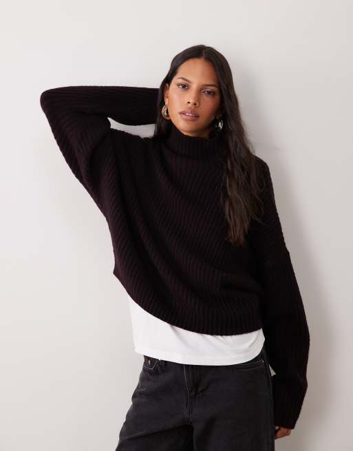 ASOS DESIGN batwing sleeve funnel neck sweater in dark burgundy, 4 of 4