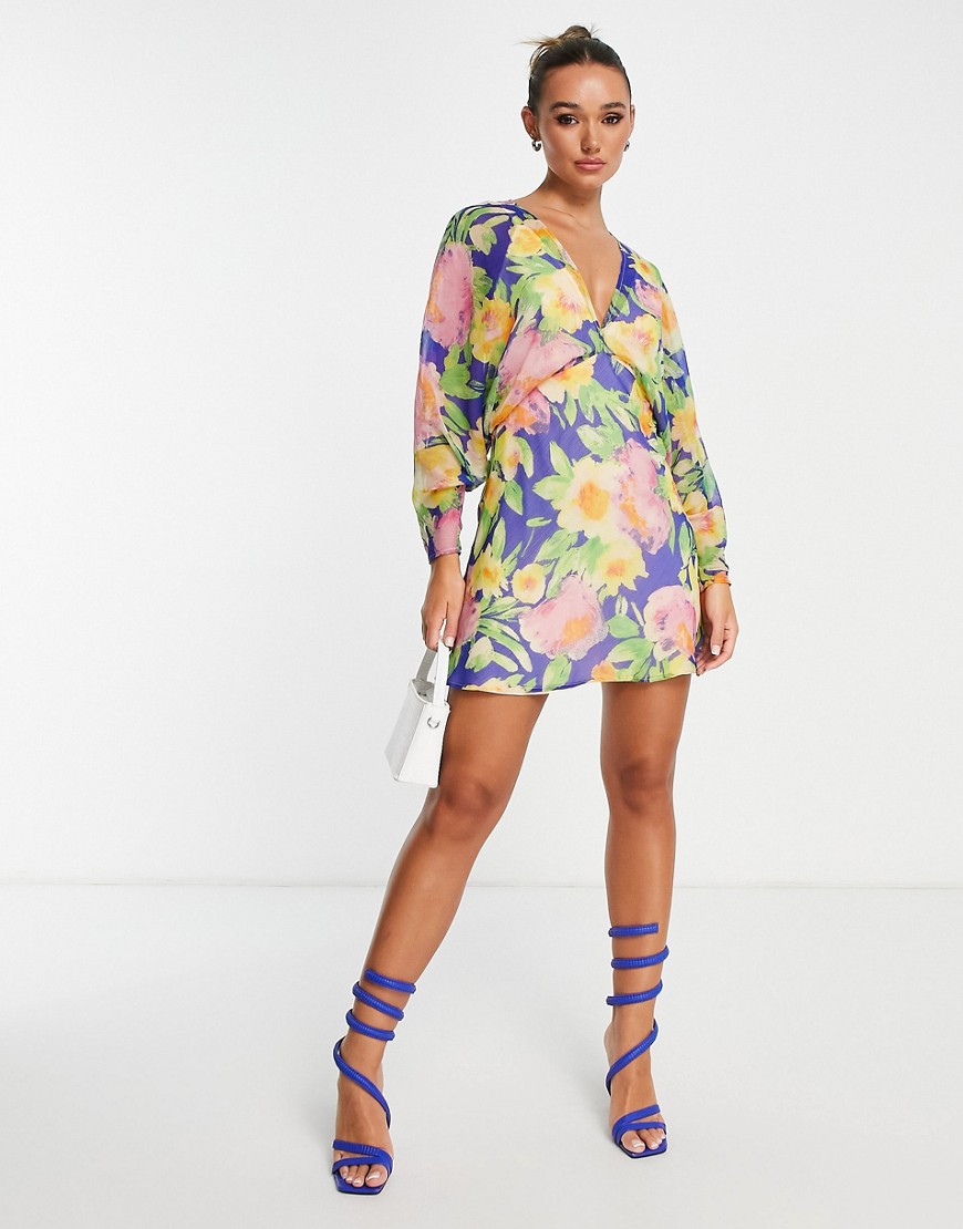 Shop Asos Design Batwing Sleeve Large Floral Print Mini Dress In Blue