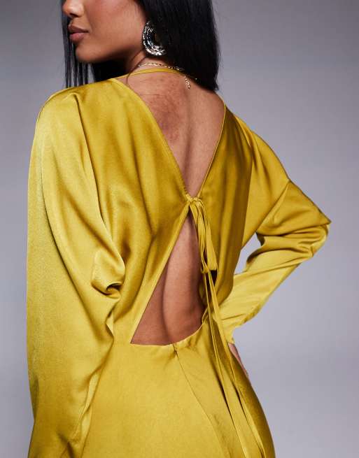 ASOS DESIGN batwing sleeve midi dress with tie front in ochre